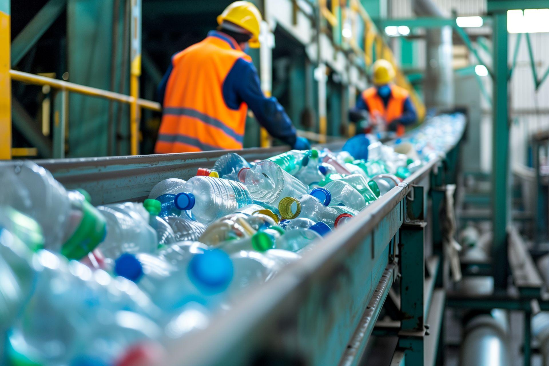 Mitarbeitende in Warnwesten an einer Recyclinganlage sortieren Kunststoffflaschen auf einem Foerderband – Teil des Muelltrennungsprozesses.
