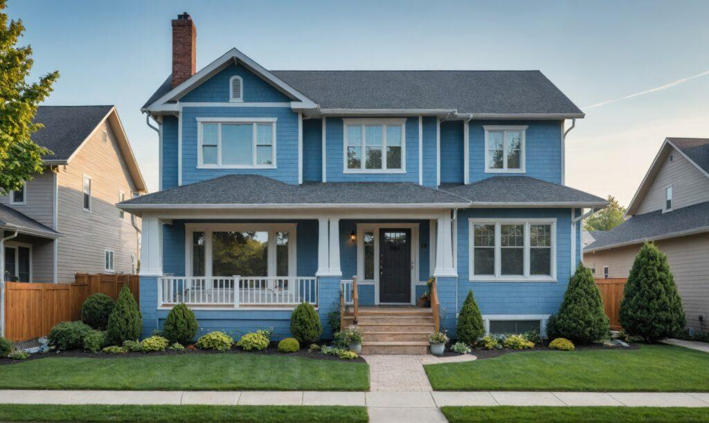 Blaues Wohnhaus mit Eingangsbereich | Paketbox für Zuhause