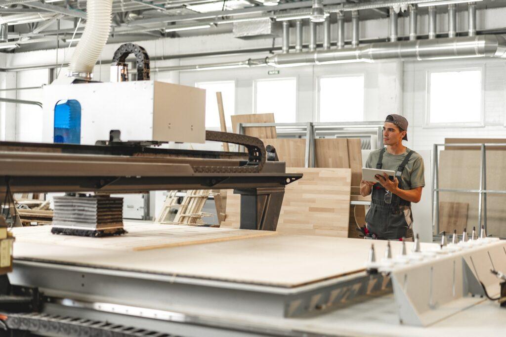 Mitarbeiter steuert CNC-Maschine digital | Montageanlage