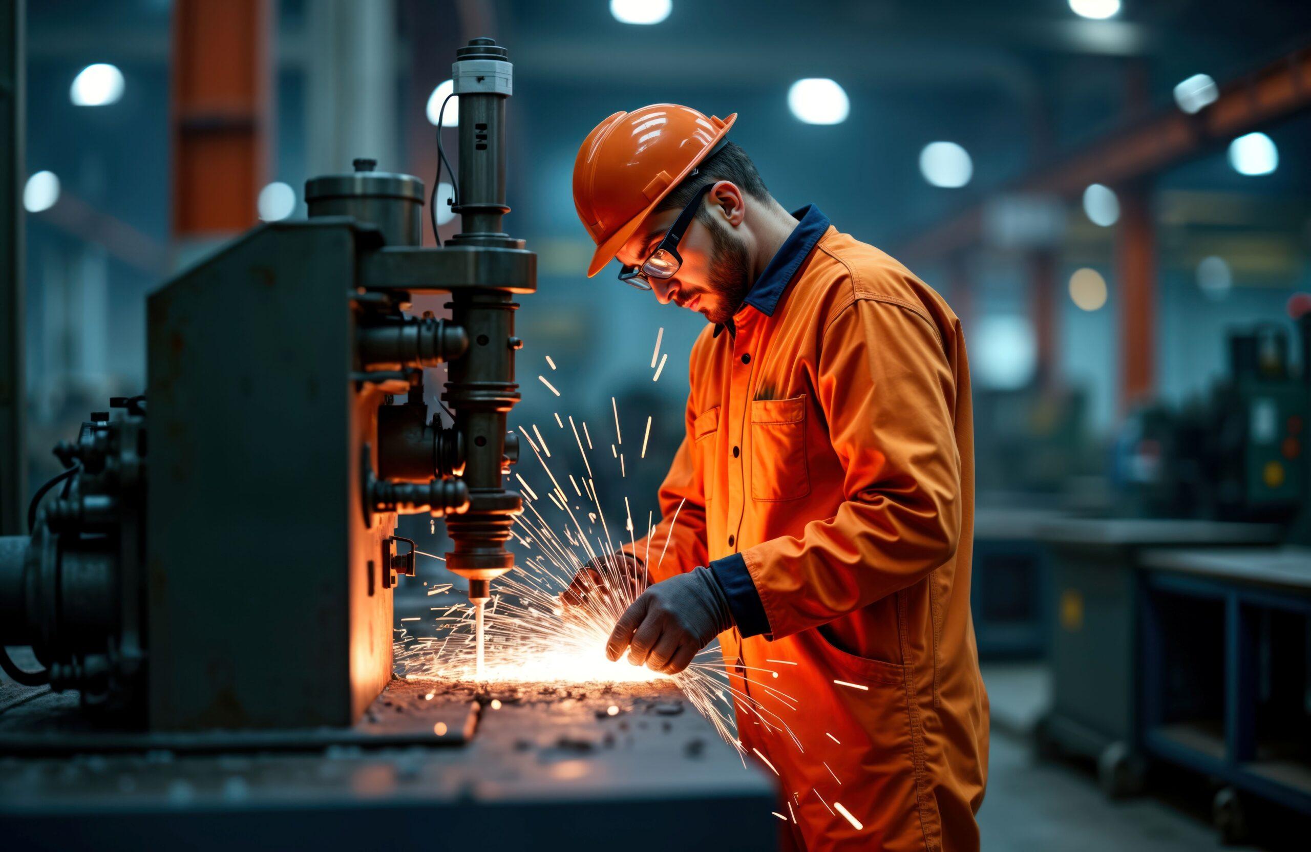 Industriemitarbeiter beim Schweißen in der Fertigung – praktische Umsetzung der Produktsicherheitsverordnung im Produktionsumfeld