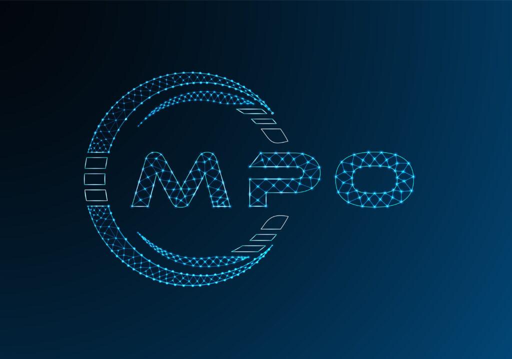 MPO Visualisierung in digitalem Netzwerkstil als Symbol fuer strukturierte Integration in Glasfaser-Infrastrukturen
