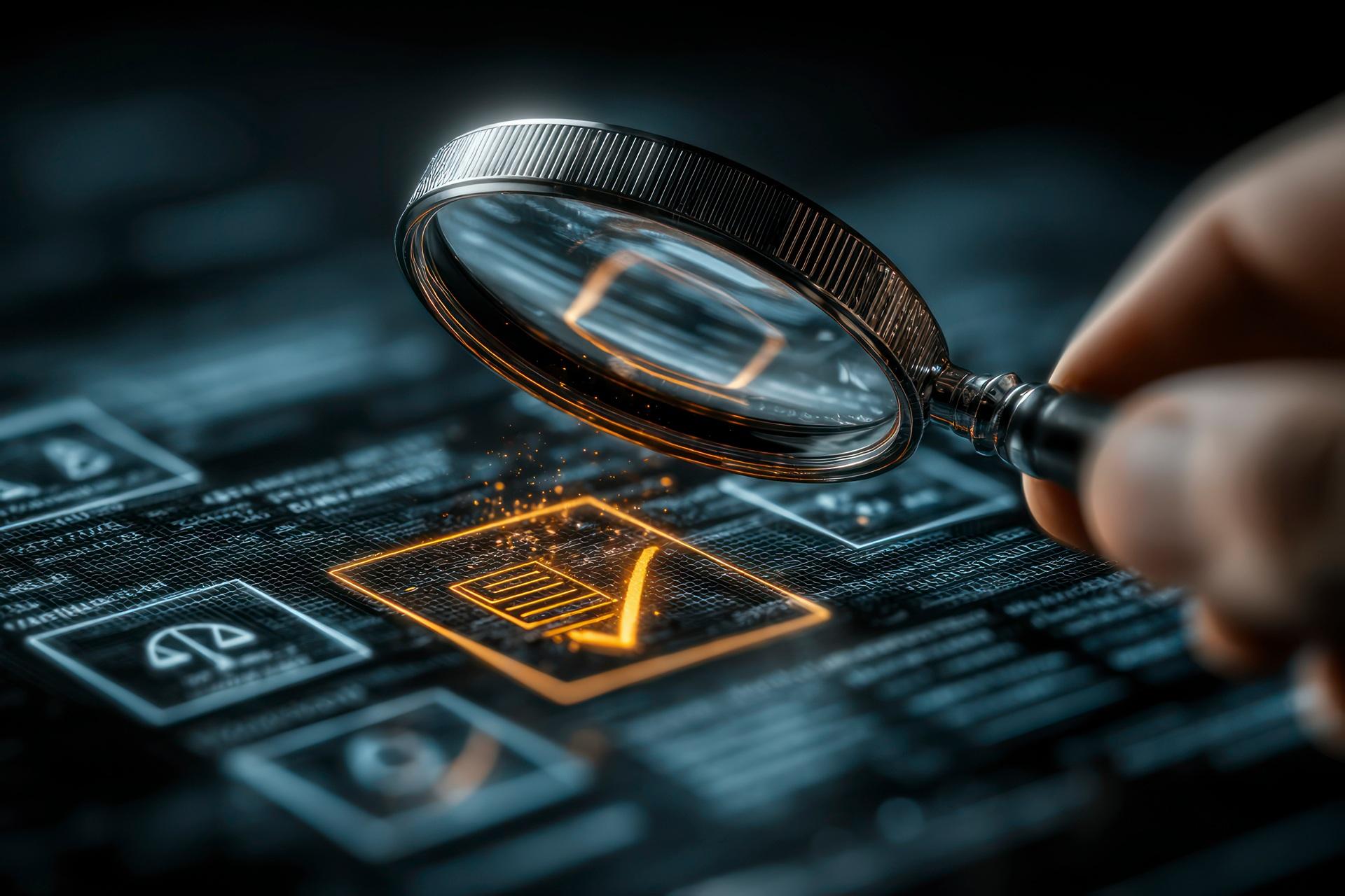 Lupe betrachtet digitale Checkliste auf Bildschirm | Microsoft 365 datenschutzkonform