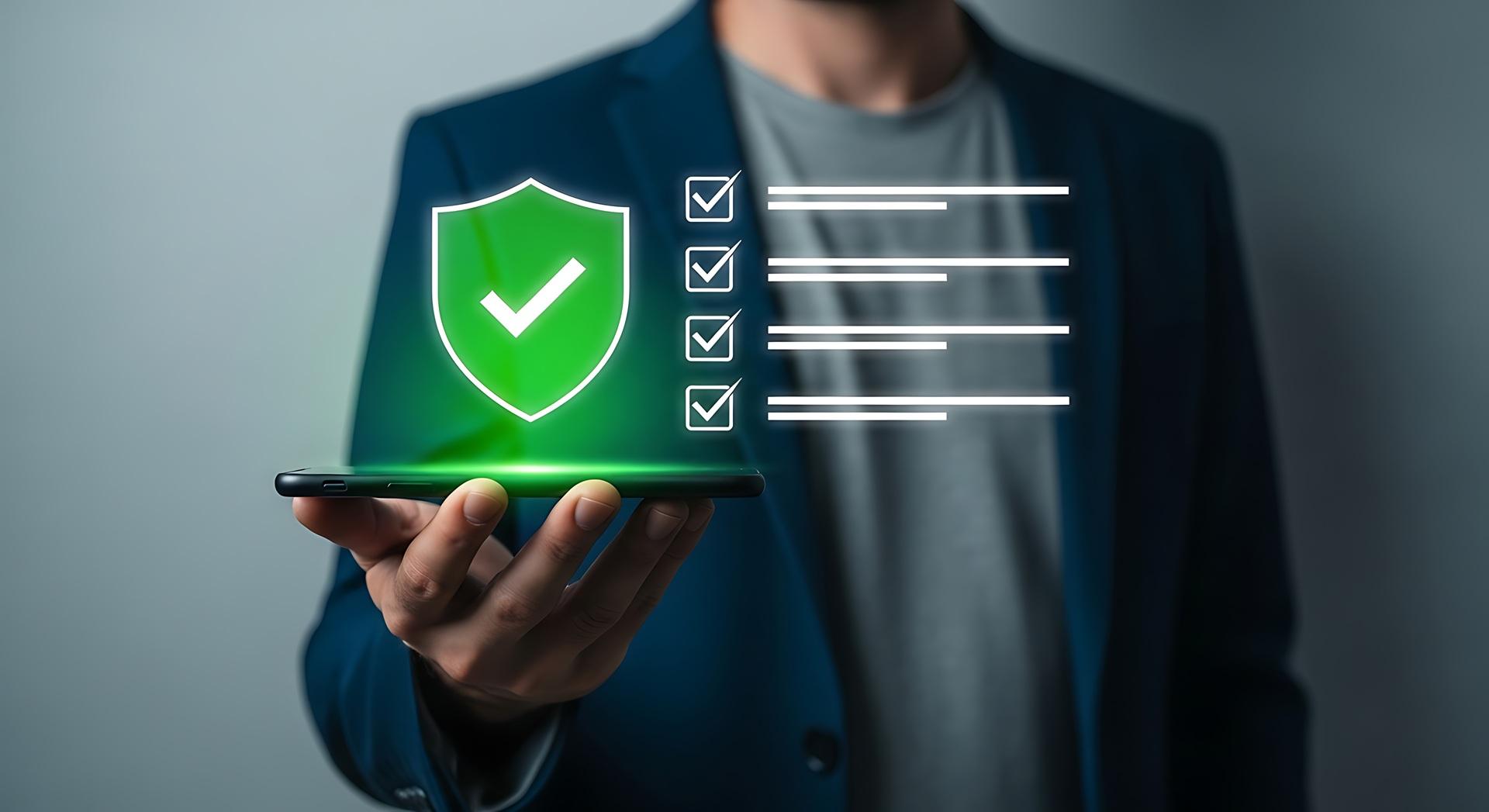 Smartphone mit Sicherheitssymbol und Checkliste | Microsoft 365 datenschutzkonform