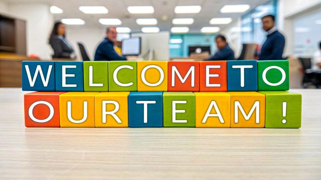 Bunte Holzbuchstaben bilden den Satz Welcome to our Team | Firmenevent Location
